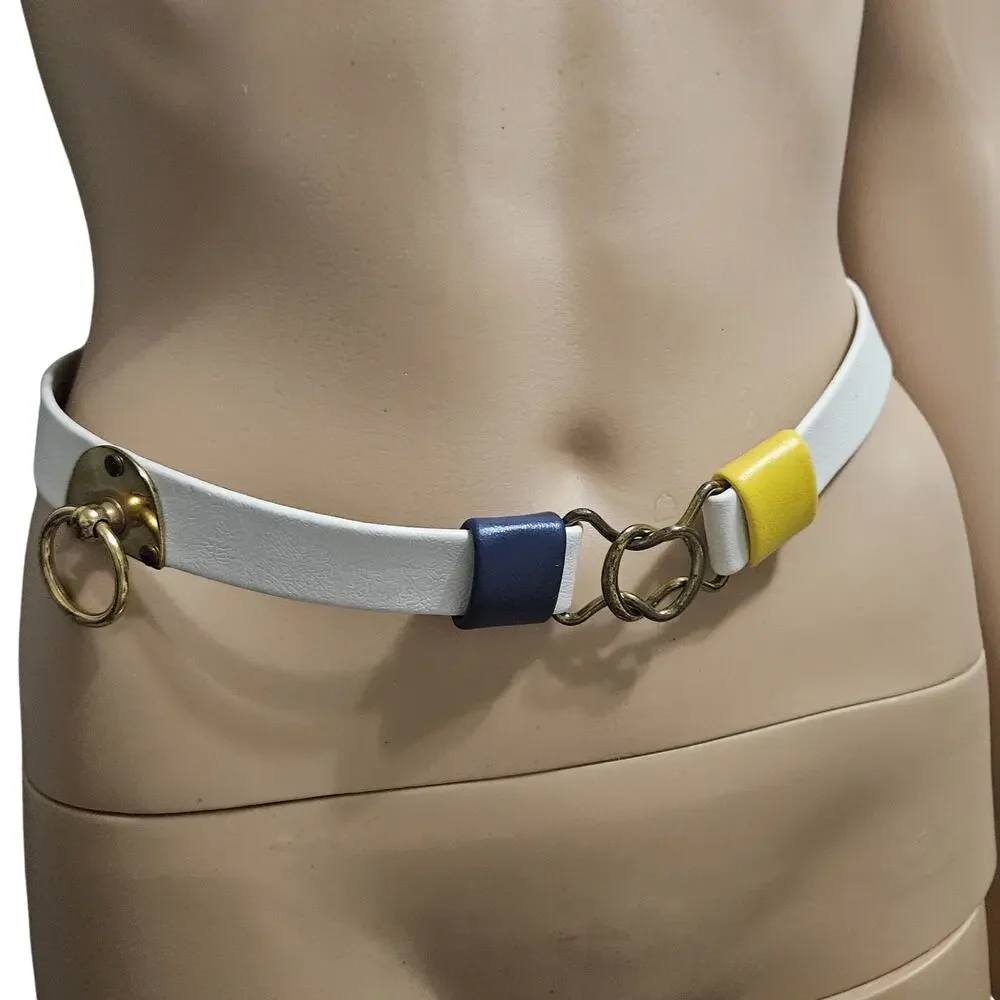 70s White Vinyl Cinching Belt Blue Yellow Accent Gold Side Ring Military Buckles